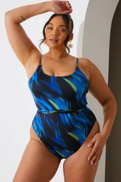 Abstract Print Scoop Neck Gold Trim Belted Swimsuit|In the Style Hot