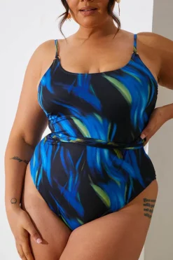 Abstract Print Scoop Neck Gold Trim Belted Swimsuit|In the Style Hot