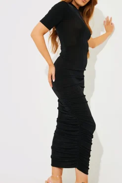 Acetate Slinky Ruched High Neck Midaxi Dress|In the Style Discount
