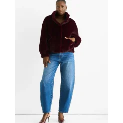 Angora Red Funnel Neck Button Up Faux Fur Jacket|Gini London New