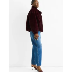 Angora Red Funnel Neck Button Up Faux Fur Jacket|Gini London New