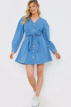 Belted Denim Shirt Dress|In the Style Clearance
