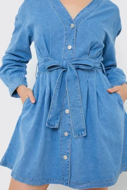 Belted Denim Shirt Dress|In the Style Clearance
