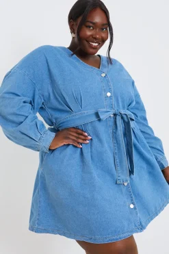 Belted Denim Shirt Dress|In the Style Clearance