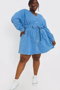 Belted Denim Shirt Dress|In the Style Clearance