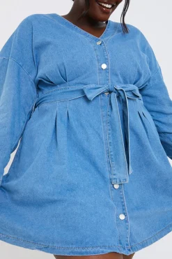 Belted Denim Shirt Dress|In the Style Clearance