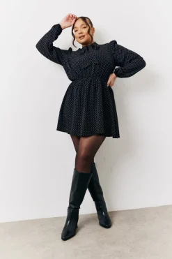 and White Polka Dot Mini Dress with Tie Neck|In The Style Outlet