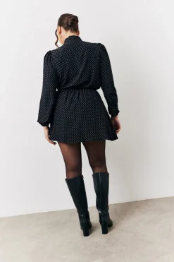 and White Polka Dot Mini Dress with Tie Neck|In The Style Outlet