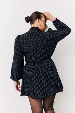 and White Polka Dot Mini Dress with Tie Neck|In The Style Outlet