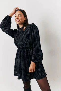 and White Polka Dot Mini Dress with Tie Neck|In The Style Outlet
