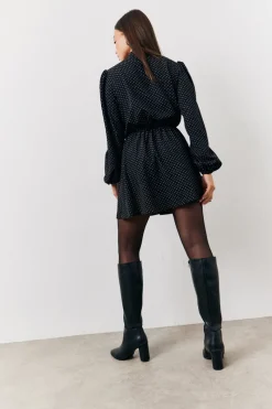 and White Polka Dot Mini Dress with Tie Neck|In The Style Outlet