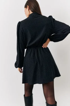 and White Polka Dot Mini Dress with Tie Neck|In The Style Outlet