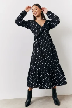 and White Polka Dot Frill Detail Midaxi Dress|In The Style Sale