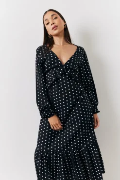 and White Polka Dot Frill Detail Midaxi Dress|In The Style Sale