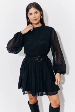 Dobby Belted Pleated Skater Mini Dress|In The Style Hot