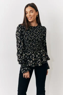 Black Floral Shirred Bust Blouse|In the Style Online