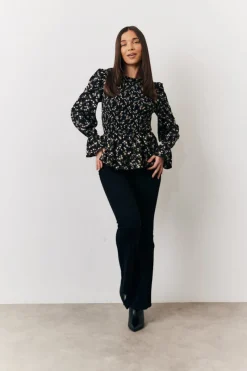 Black Floral Shirred Bust Blouse|In the Style Online