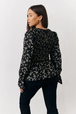 Black Floral Shirred Bust Blouse|In the Style Online