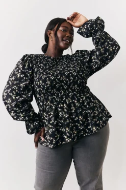Black Floral Shirred Bust Blouse|In the Style Online