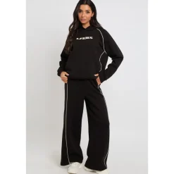 Black Piped Wide Leg Joggers|Urban Bliss Discount