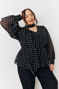 Polka Dot Tie Neck Blouse|In The Style Sale
