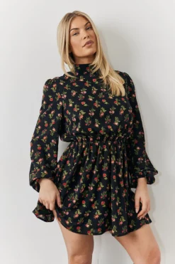 Rose Print High Neck Mini Dress|In the Style Discount