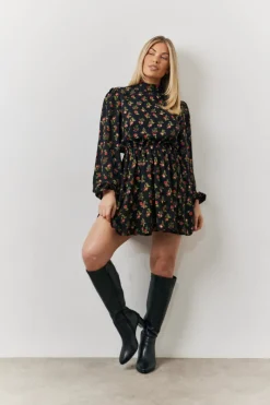 Rose Print High Neck Mini Dress|In the Style Discount