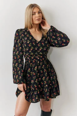 Rose Print Wrap Front Mini Skater Dress|In the Style Discount