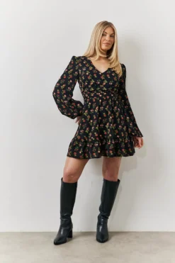 Rose Print Wrap Front Mini Skater Dress|In the Style Discount