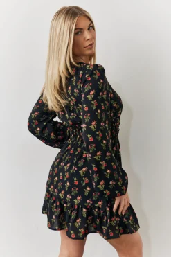 Rose Print Wrap Front Mini Skater Dress|In the Style Discount