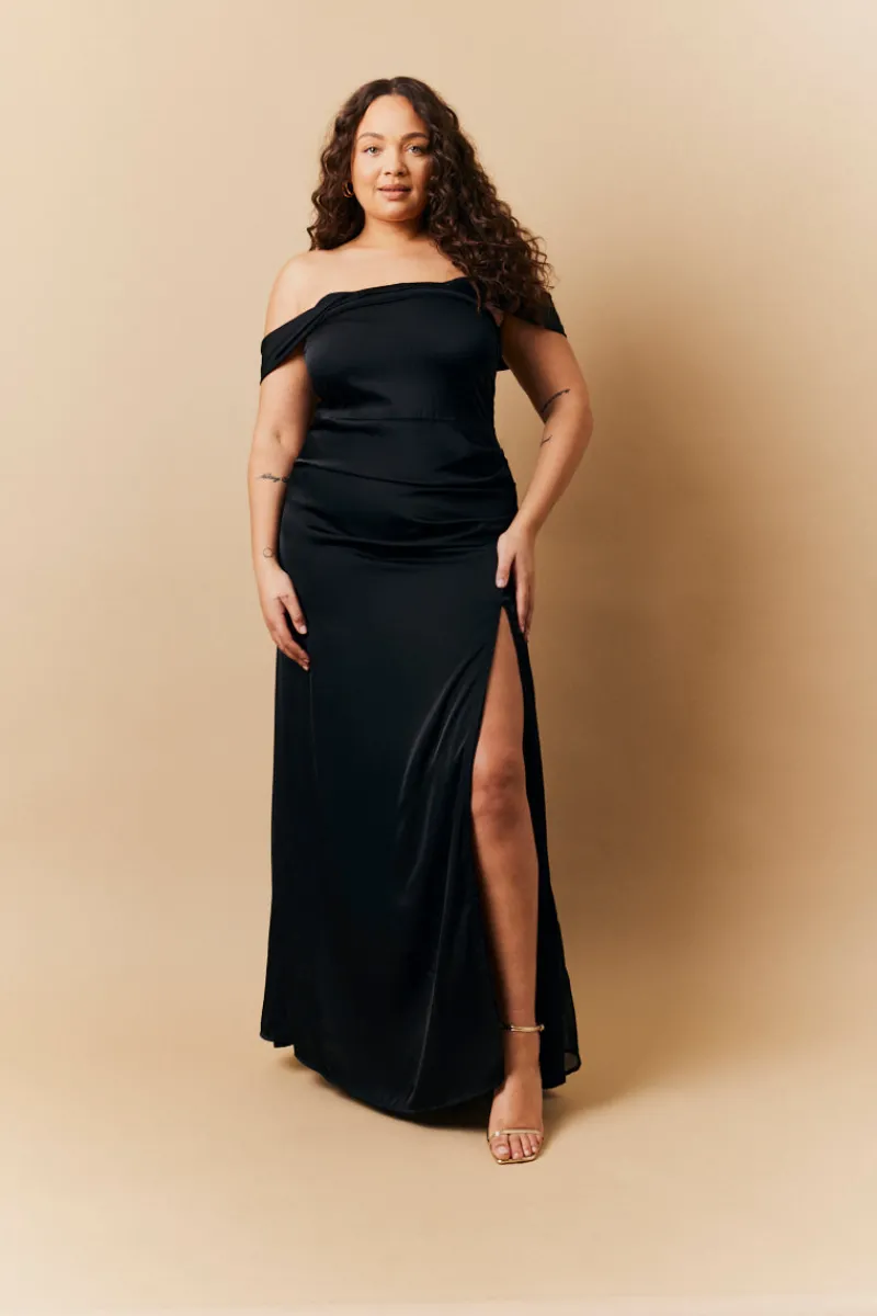 Satin Bardot Ruched Maxi Dress|In The Style Best