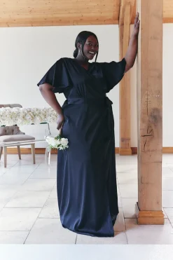 Satin Wrap Tie Angel Sleeve Maxi Dress|In The Style Online