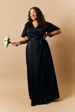 Satin Wrap Tie Angel Sleeve Maxi Dress|In The Style Online