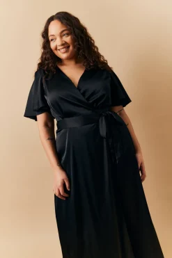 Satin Wrap Tie Angel Sleeve Maxi Dress|In The Style Online