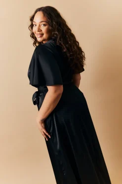 Satin Wrap Tie Angel Sleeve Maxi Dress|In The Style Online