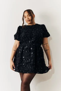 Sequin Floral Applique Fit and Flare Mini Dress|In the Style Outlet
