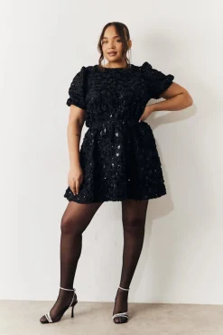 Sequin Floral Applique Fit and Flare Mini Dress|In the Style Outlet