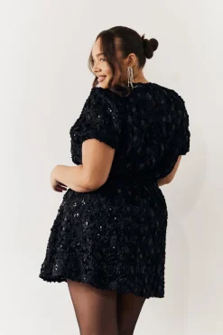 Sequin Floral Applique Fit and Flare Mini Dress|In the Style Outlet