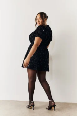 Sequin Floral Applique Fit and Flare Mini Dress|In the Style Outlet