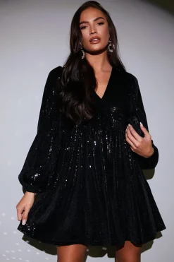 Sequin V Neck Smock Dress|In the Style New