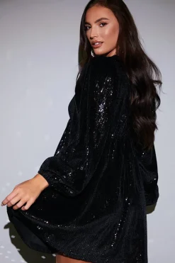 Sequin V Neck Smock Dress|In the Style New