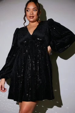 Sequin V Neck Smock Dress|In the Style New
