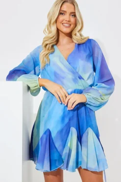 Abstract Print Chiffon Wrap Godet Frill Mini Dress|In the Style Discount