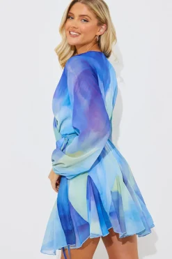 Abstract Print Chiffon Wrap Godet Frill Mini Dress|In the Style Discount