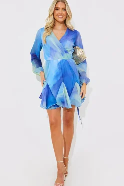 Abstract Print Chiffon Wrap Godet Frill Mini Dress|In the Style Discount