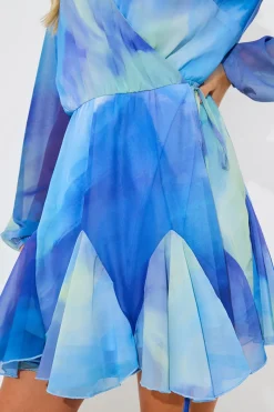 Abstract Print Chiffon Wrap Godet Frill Mini Dress|In the Style Discount