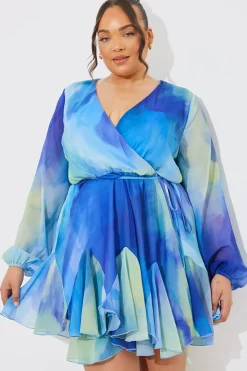 Abstract Print Chiffon Wrap Godet Frill Mini Dress|In the Style Discount