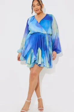 Abstract Print Chiffon Wrap Godet Frill Mini Dress|In the Style Discount