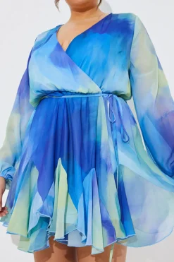 Abstract Print Chiffon Wrap Godet Frill Mini Dress|In the Style Discount