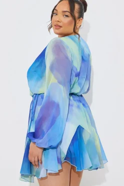 Abstract Print Chiffon Wrap Godet Frill Mini Dress|In the Style Discount